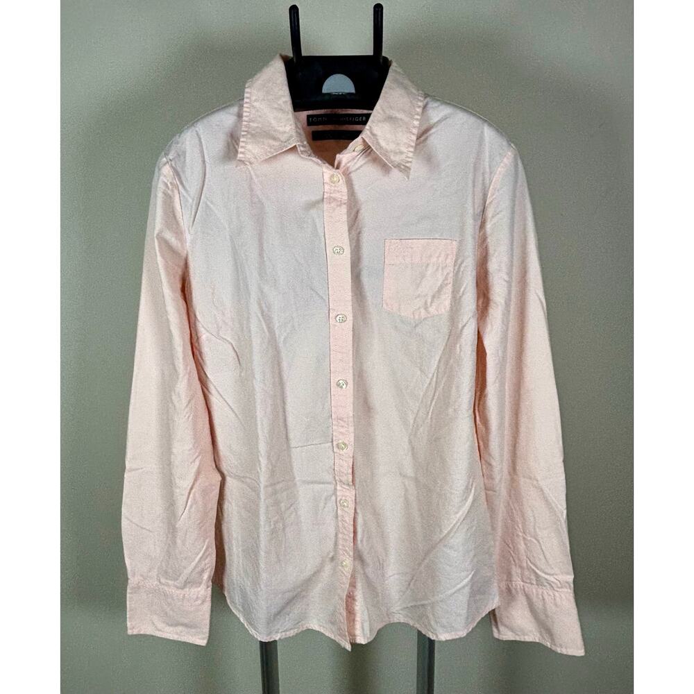Tommy Hilfiger Monogram Light Pink Button Front & Cuffs Shirt Top Blouse Women M